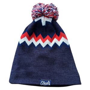 Aksels Hand-Knit Zig-Zag Navy Blue Beanie w/ Tri-Color Pom